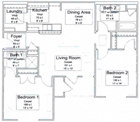 Floor plan for 2 beds, 2 baths, 1007 sqft